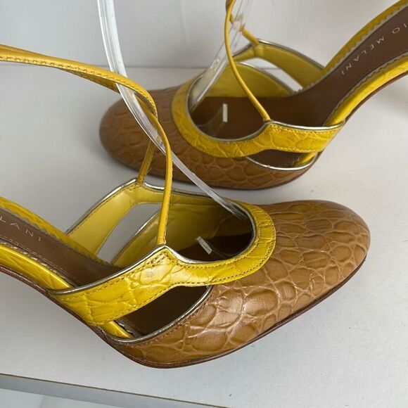 Yellow Mustard Crocodile Embossed Leather Heels 7 - Picture 7 of 14